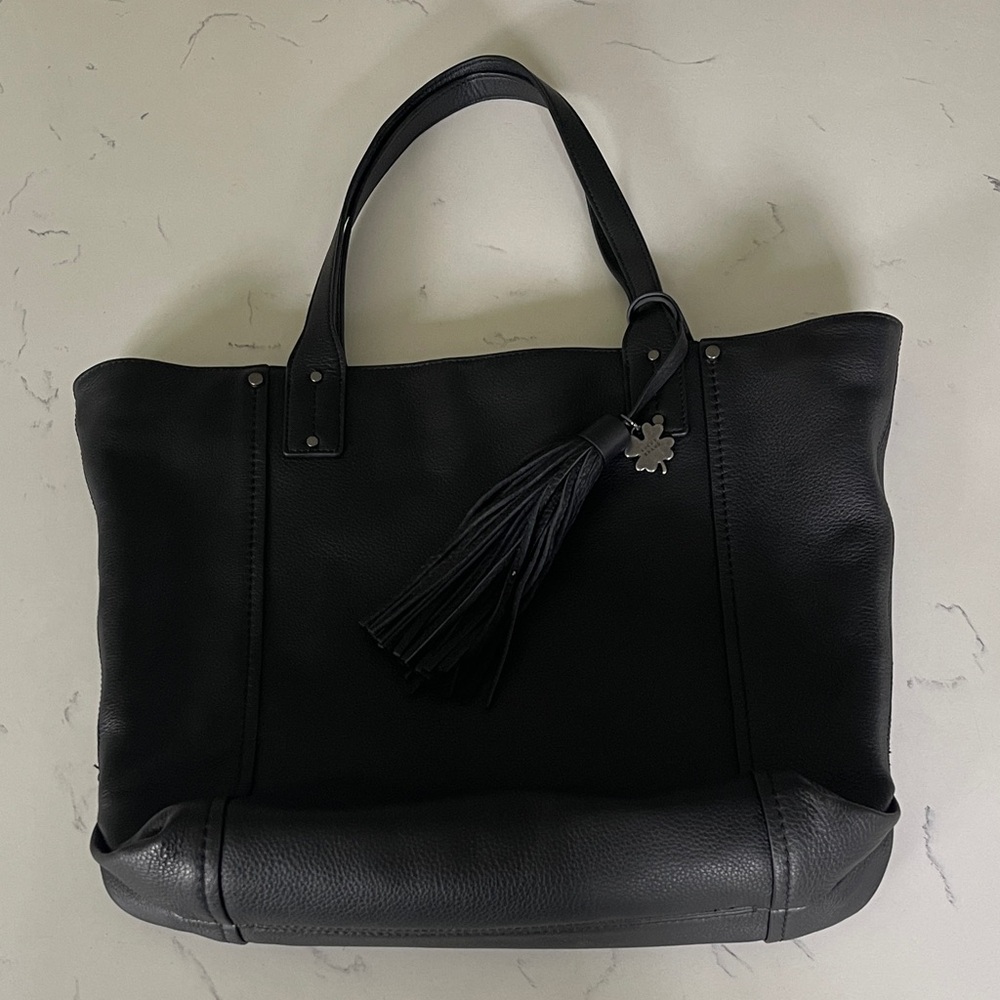 Lucky Brand Black Leather Tote Bag with Tassel Charm